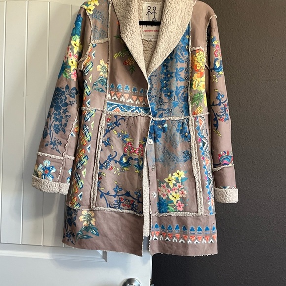 Johnny Was Sherpa Coat Faux Suede Steppe Floral Size Small Boho Hippie Pockets - Picture 2 of 13